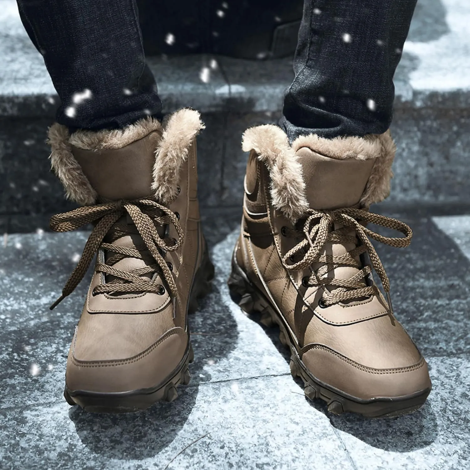 Mens Snow Boots Waterproof Warm Wool Lining Winter Hiking Boots,Non-Slip Outdoor Comfort Warm Work Boots Hiker Trekking Trail