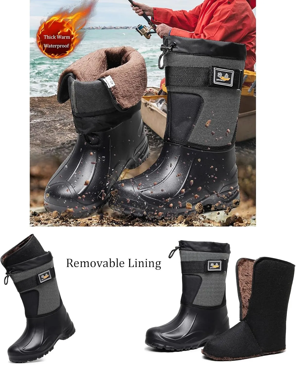 Mens Winter Boots Waterproof Insulated,Outdoor Hiking Fishing Snow Boots for Men,Comfortable Cold-Weather Warm Fur Lined Boots,Slip Resistant