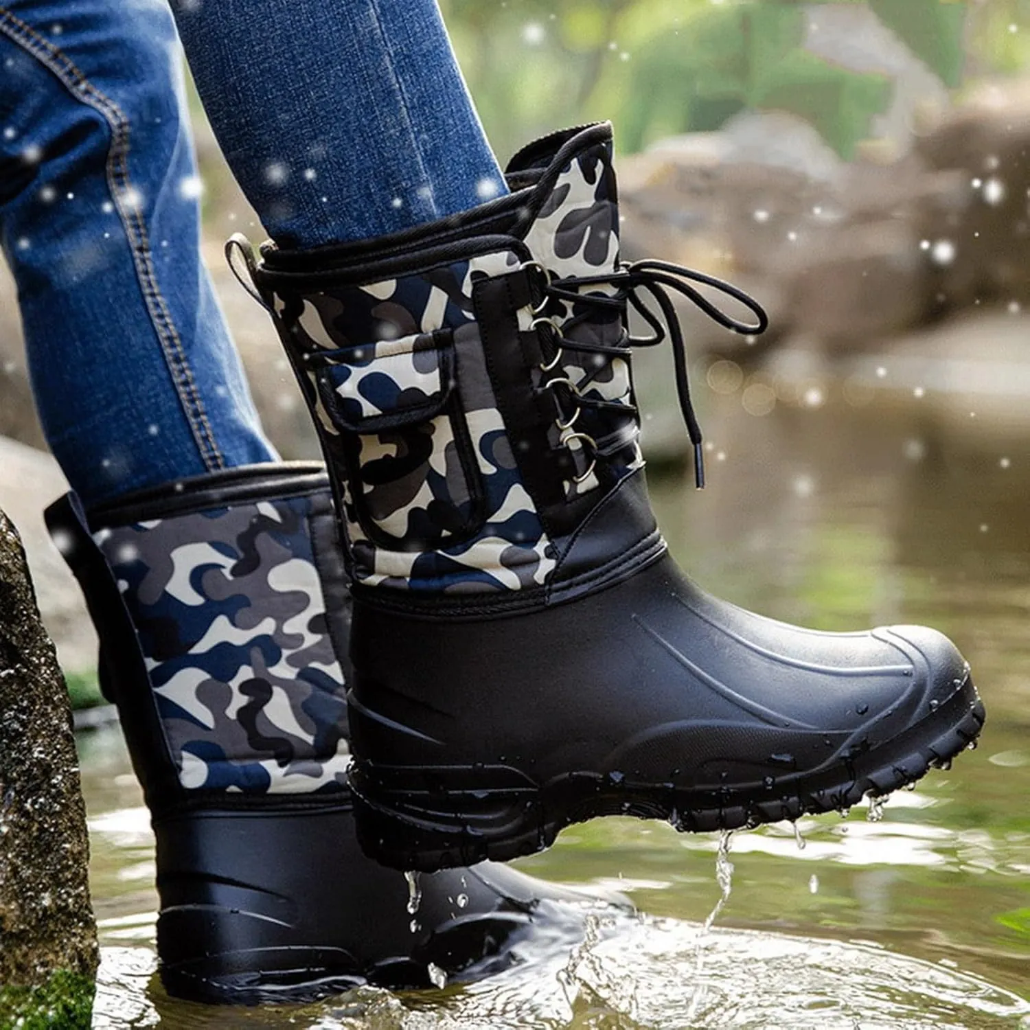 Mens Winter Boots Waterproof Insulated,Outdoor Hiking Fishing Snow Boots for Men,Comfortable Cold-Weather Warm Fur Lined Boots,Slip Resistant