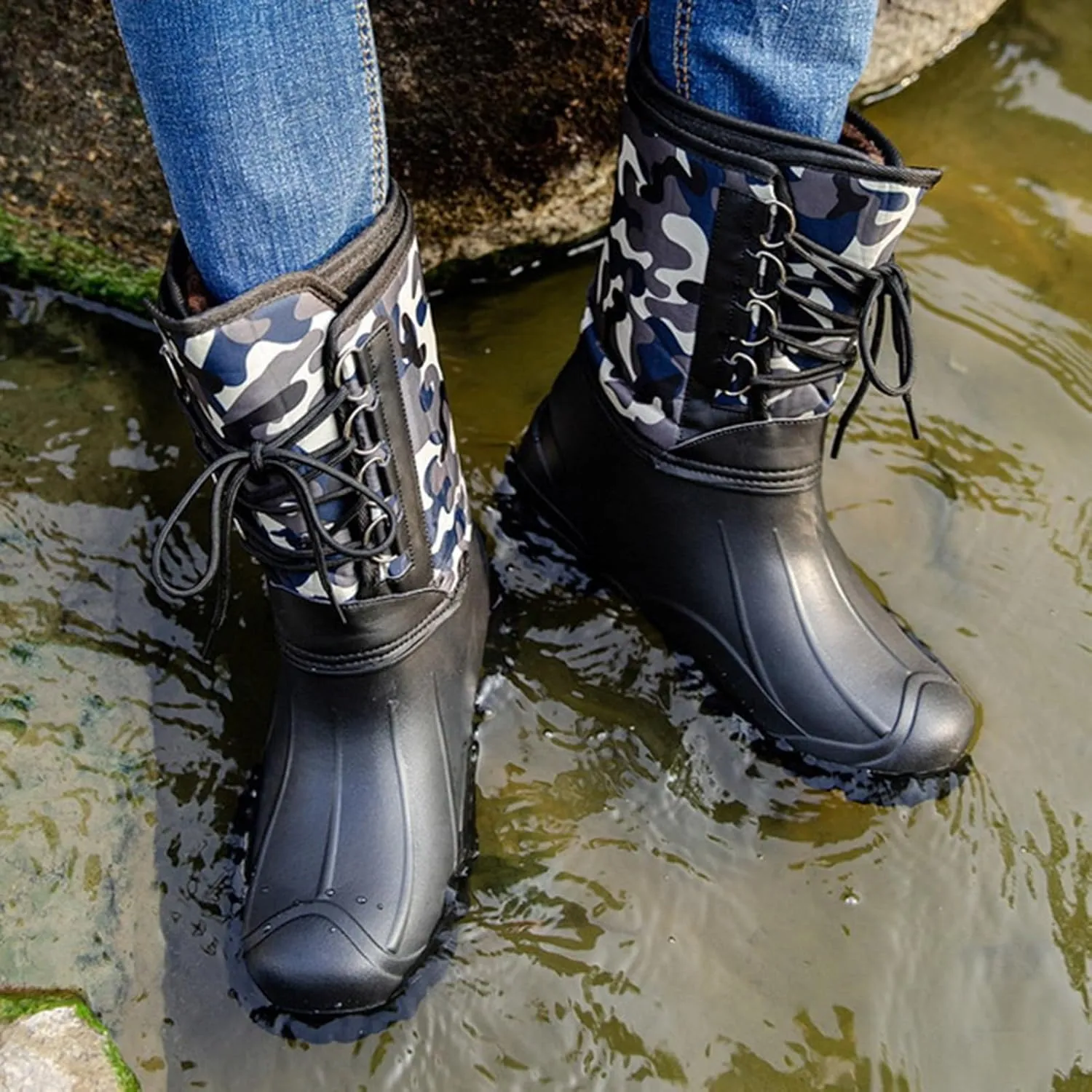 Mens Winter Boots Waterproof Insulated,Outdoor Hiking Fishing Snow Boots for Men,Comfortable Cold-Weather Warm Fur Lined Boots,Slip Resistant