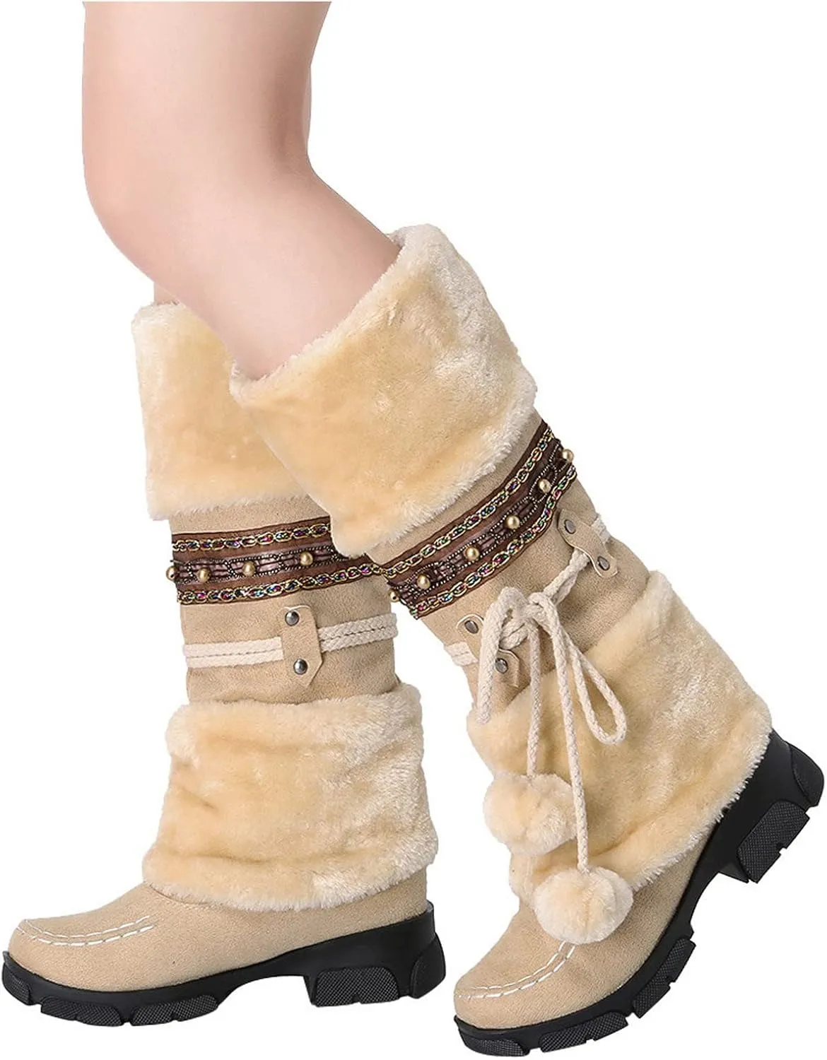 Mid Calf Boots For Women,Women's Long Winter Snow Boots Boho Ethnic Style Fuzzy Plush Fur Lined Knee High Boots Suede Pull On Square Toe Thick Sole Platform Tall Booties Warm Cozy Cute