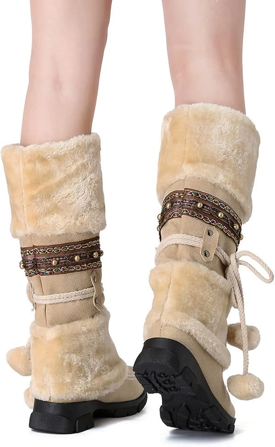 Mid Calf Boots For Women,Women's Long Winter Snow Boots Boho Ethnic Style Fuzzy Plush Fur Lined Knee High Boots Suede Pull On Square Toe Thick Sole Platform Tall Booties Warm Cozy Cute