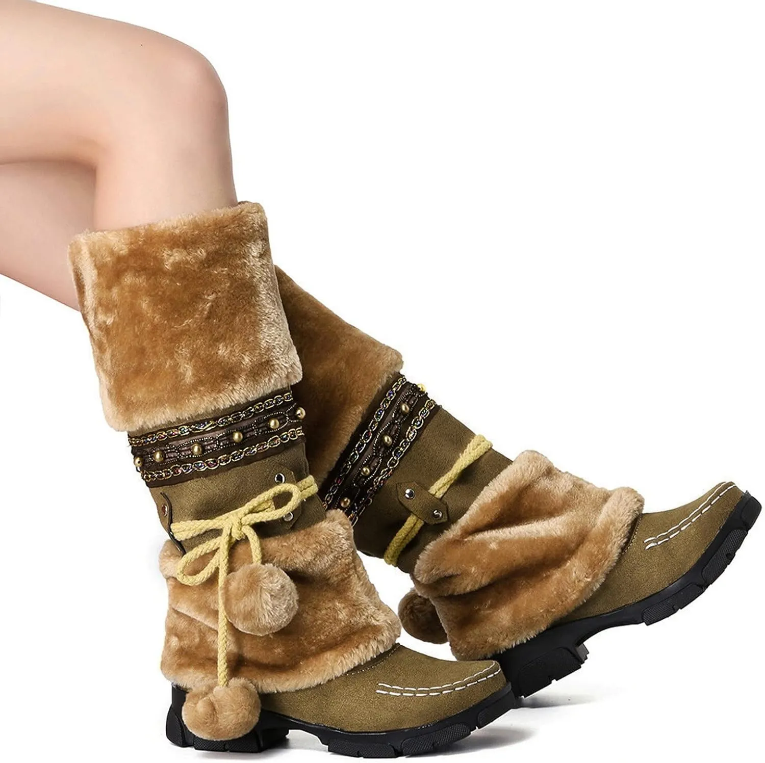 Mid Calf Boots For Women,Women's Long Winter Snow Boots Boho Ethnic Style Fuzzy Plush Fur Lined Knee High Boots Suede Pull On Square Toe Thick Sole Platform Tall Booties Warm Cozy Cute