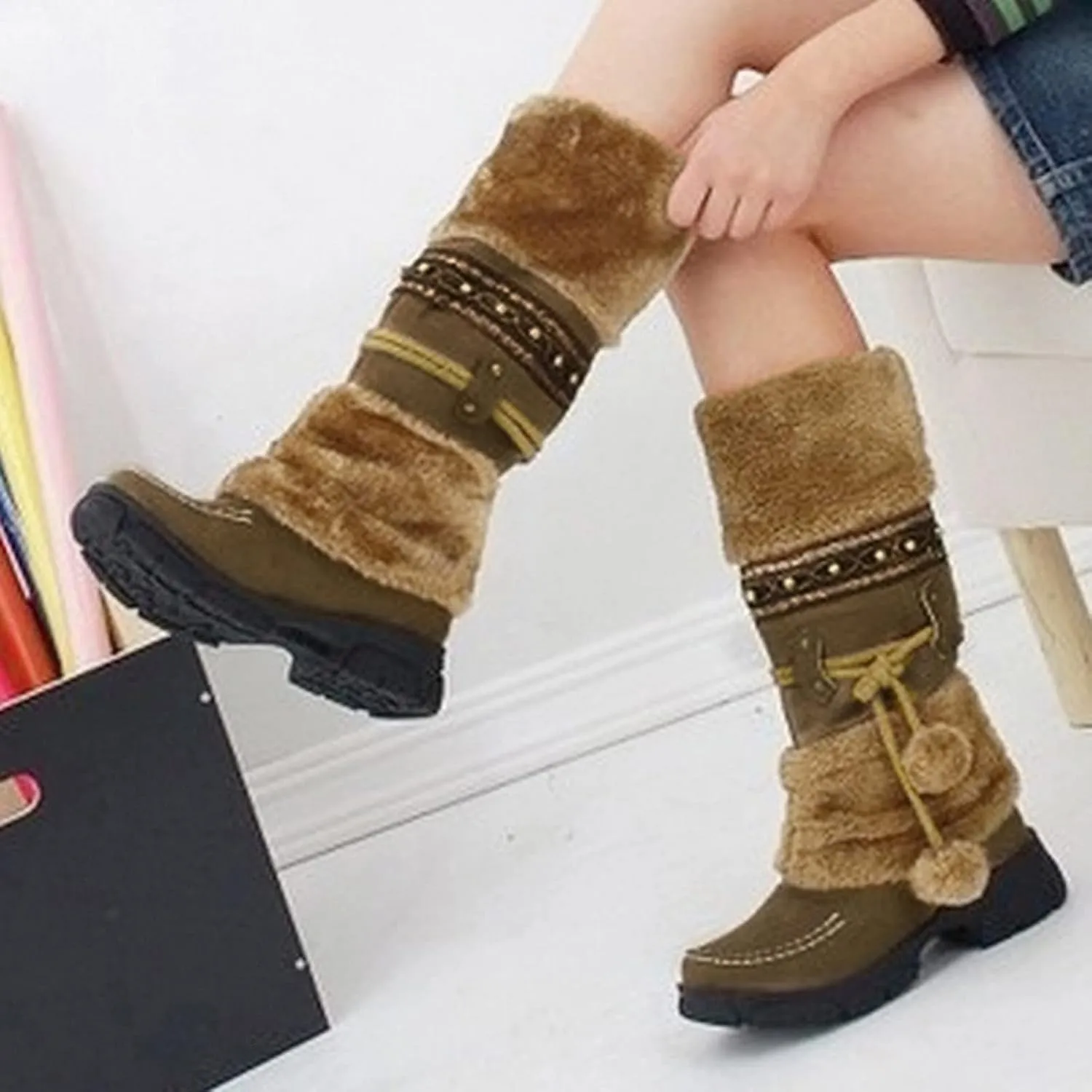 Mid Calf Boots For Women,Women's Long Winter Snow Boots Boho Ethnic Style Fuzzy Plush Fur Lined Knee High Boots Suede Pull On Square Toe Thick Sole Platform Tall Booties Warm Cozy Cute