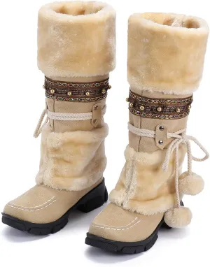 Mid Calf Boots For Women,Women's Long Winter Snow Boots Boho Ethnic Style Fuzzy Plush Fur Lined Knee High Boots Suede Pull On Square Toe Thick Sole Platform Tall Booties Warm Cozy Cute