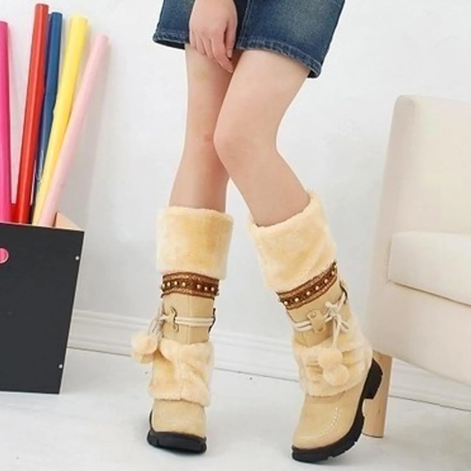 Mid Calf Boots For Women,Women's Long Winter Snow Boots Boho Ethnic Style Fuzzy Plush Fur Lined Knee High Boots Suede Pull On Square Toe Thick Sole Platform Tall Booties Warm Cozy Cute