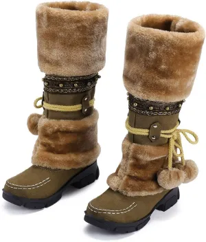 Mid Calf Boots For Women,Women's Long Winter Snow Boots Boho Ethnic Style Fuzzy Plush Fur Lined Knee High Boots Suede Pull On Square Toe Thick Sole Platform Tall Booties Warm Cozy Cute