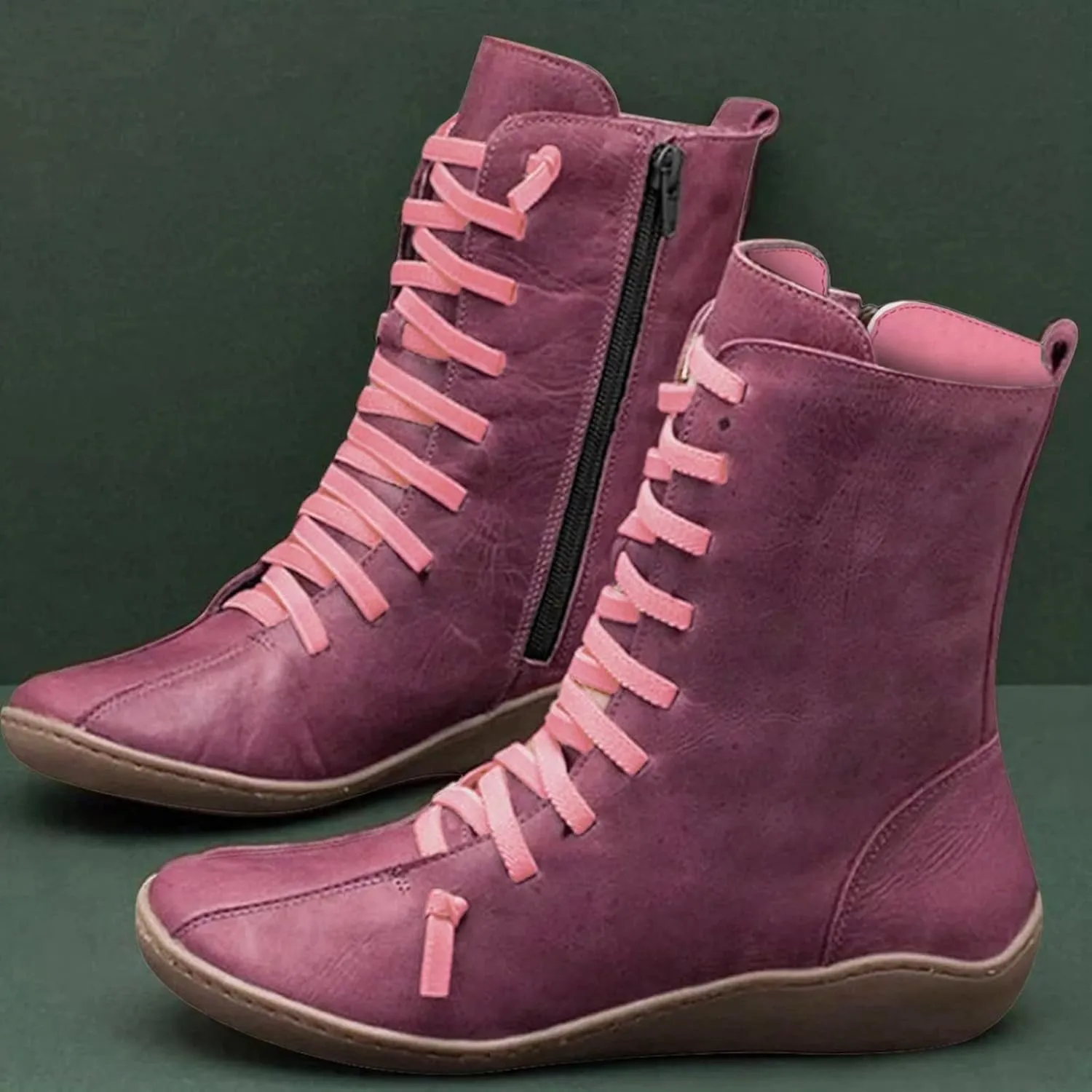 Mid Calf Boots Women Flat Boots for Women Retro Round Toe Lace up Comfortable Lightweight Walking Shoes Women Boots