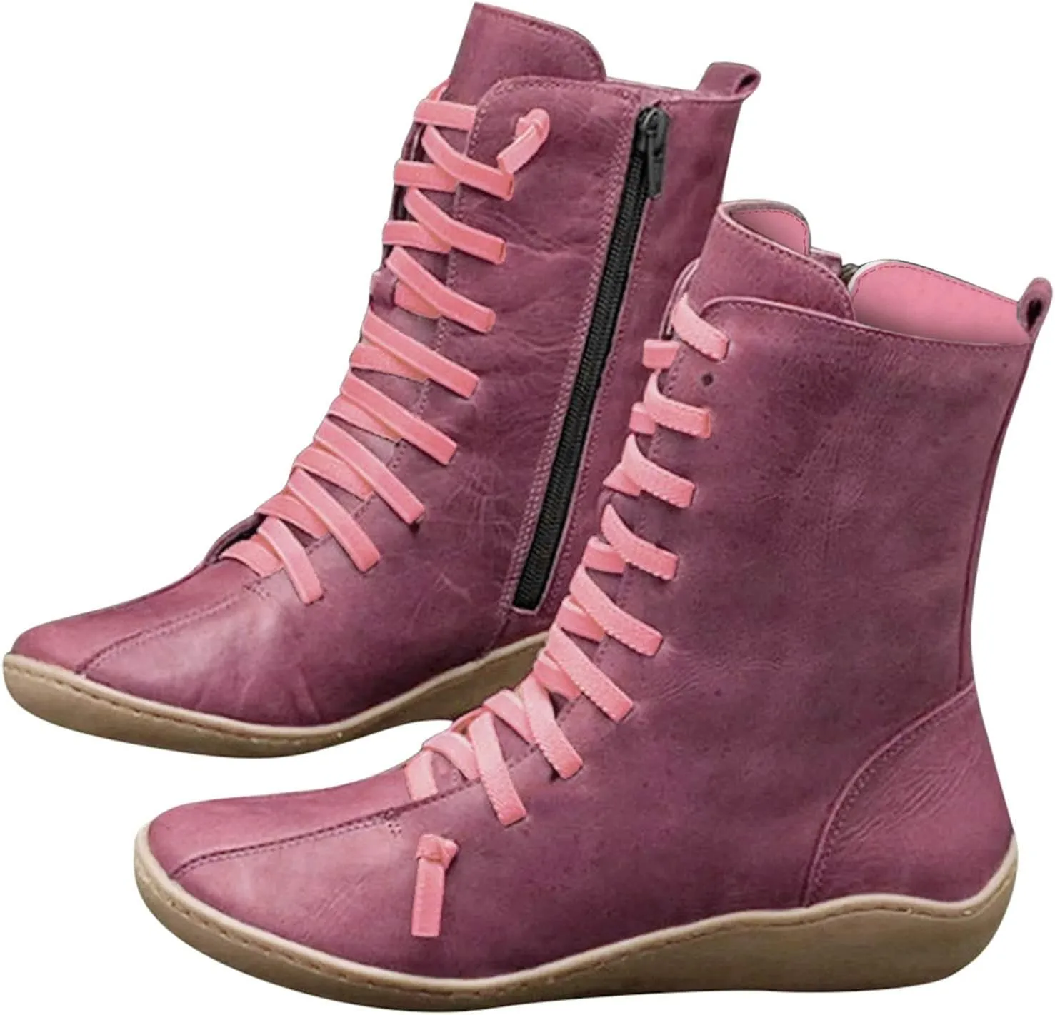 Mid Calf Boots Women Flat Boots for Women Retro Round Toe Lace up Comfortable Lightweight Walking Shoes Women Boots