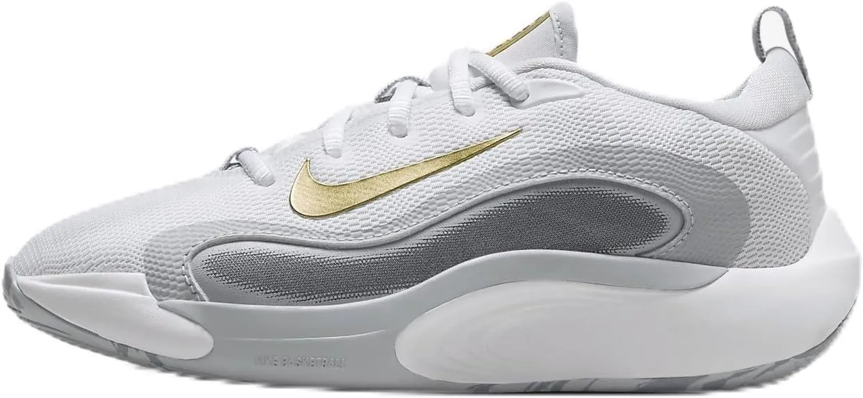 Nike IsoFly Big Kids' Basketball Shoes (FN4384-100, White/Cool Grey/Wolf Grey/Metallic Gold Star) Size 5