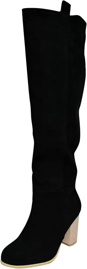 oiangi Boots for Women Knee High Fashion Solid Color Round Toe Suede Chunky High Heel Long Boots Autumn Sexy Comfortable Slip-On Thick Heel Shoes