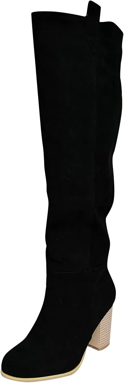 oiangi Boots for Women Knee High Fashion Solid Color Round Toe Suede Chunky High Heel Long Boots Autumn Sexy Comfortable Slip-On Thick Heel Shoes