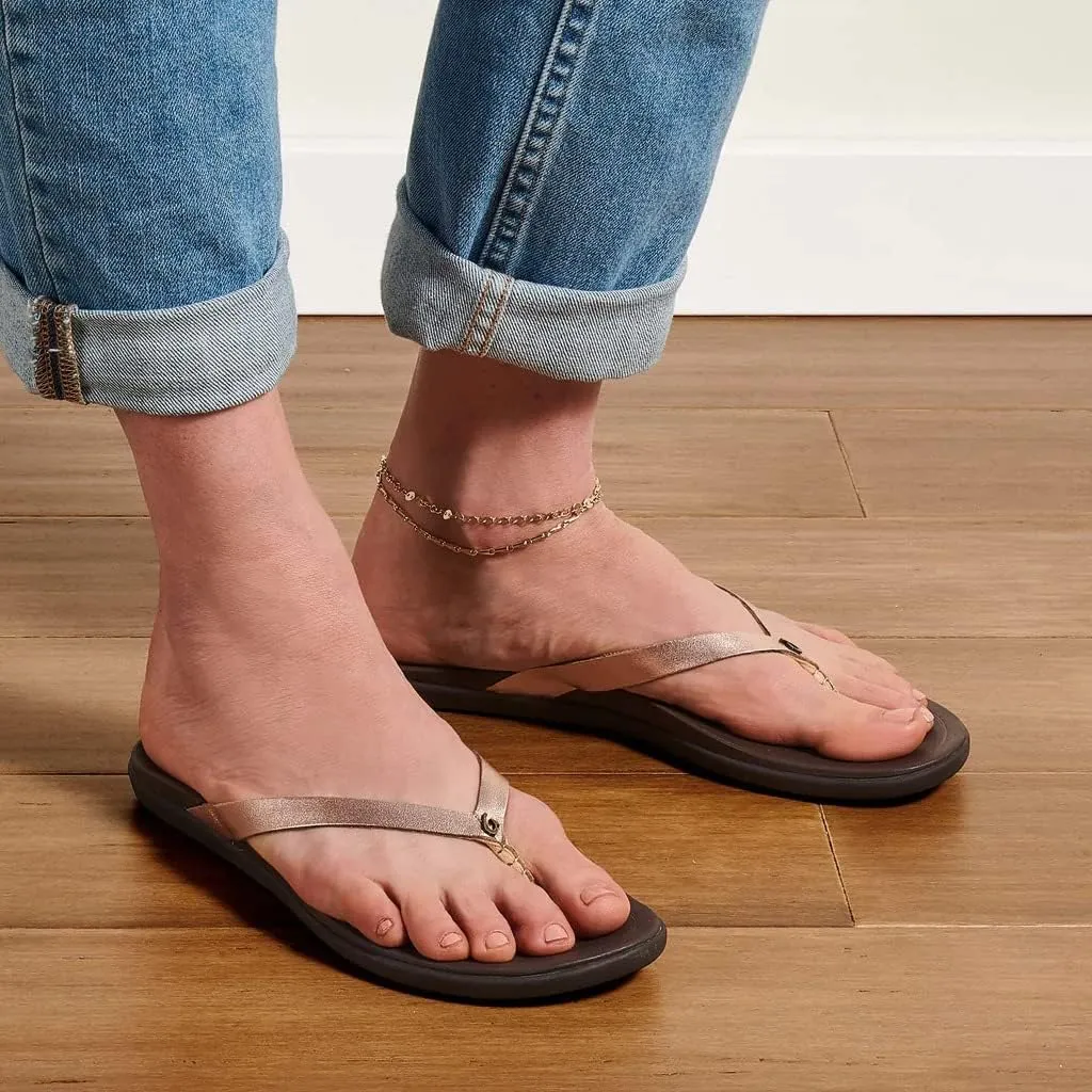OLUKAI Ho'opio Leather Women's Beach Sandals, Full-Grain Leather Flip-Flop Slides, Modern Low Profile Design & Comfortable Fit