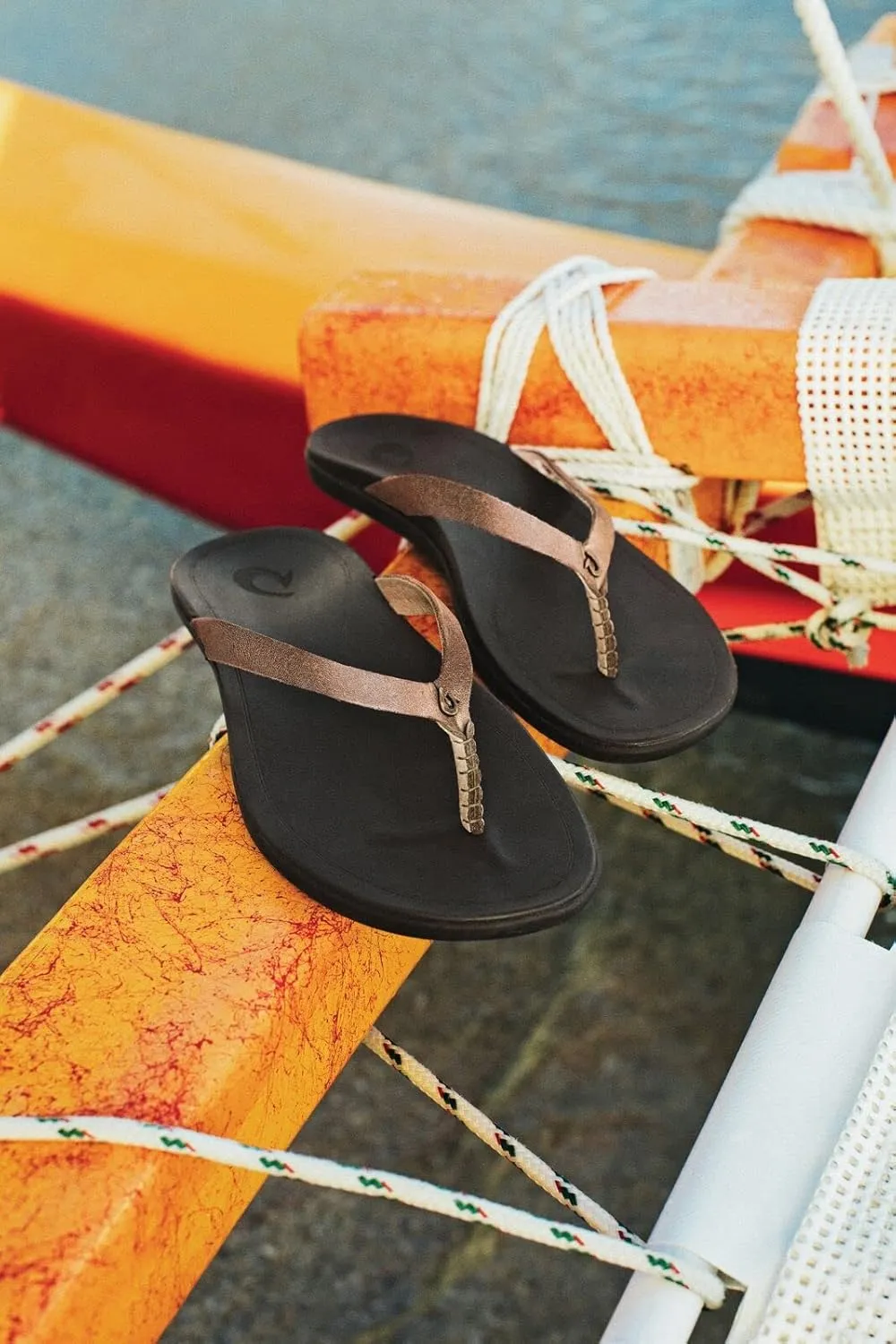 OLUKAI Ho'opio Leather Women's Beach Sandals, Full-Grain Leather Flip-Flop Slides, Modern Low Profile Design & Comfortable Fit