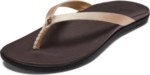 OLUKAI Ho'opio Leather Women's Beach Sandals, Full-Grain Leather Flip-Flop Slides, Modern Low Profile Design & Comfortable Fit