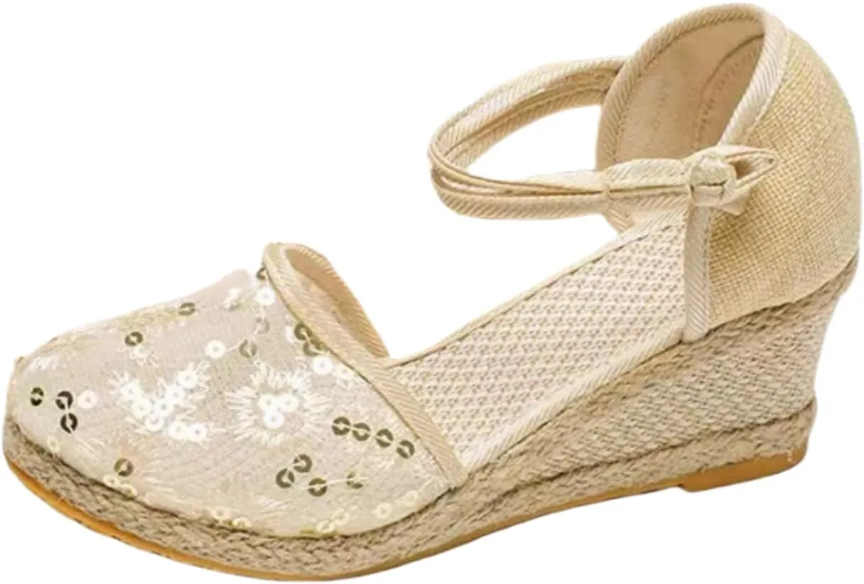 Platform Espadrilles for Women,Closed Toe Sandals Women Dressy,Women's Ankle Strap Closed Toe Espadrille Wedge Heels Sandals