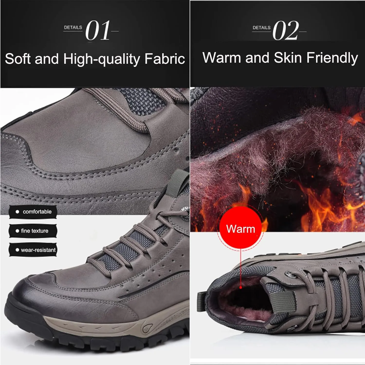 PURCHAWEE Men's Winter Warm Leather Snow Boots,Good Arch Support Non-Slip Hiking Outdoor Comfort Camping Trekking Backpacking Shoes