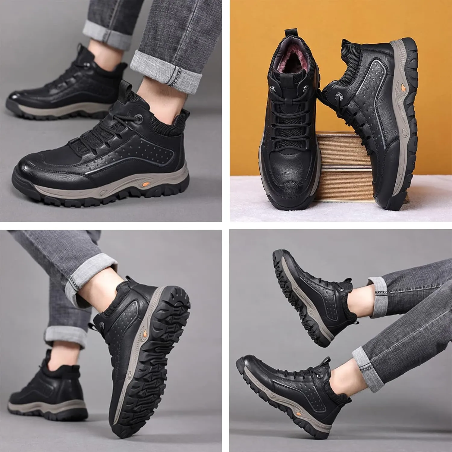 PURCHAWEE Men's Winter Warm Leather Snow Boots,Good Arch Support Non-Slip Hiking Outdoor Comfort Camping Trekking Backpacking Shoes