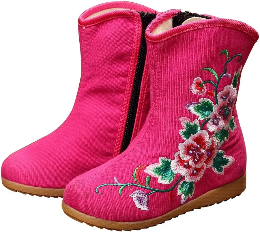 Qhome Little Girl Peony Embroidery Sports Fashion Autumn Winter Ankle Boots Canvas Shoes