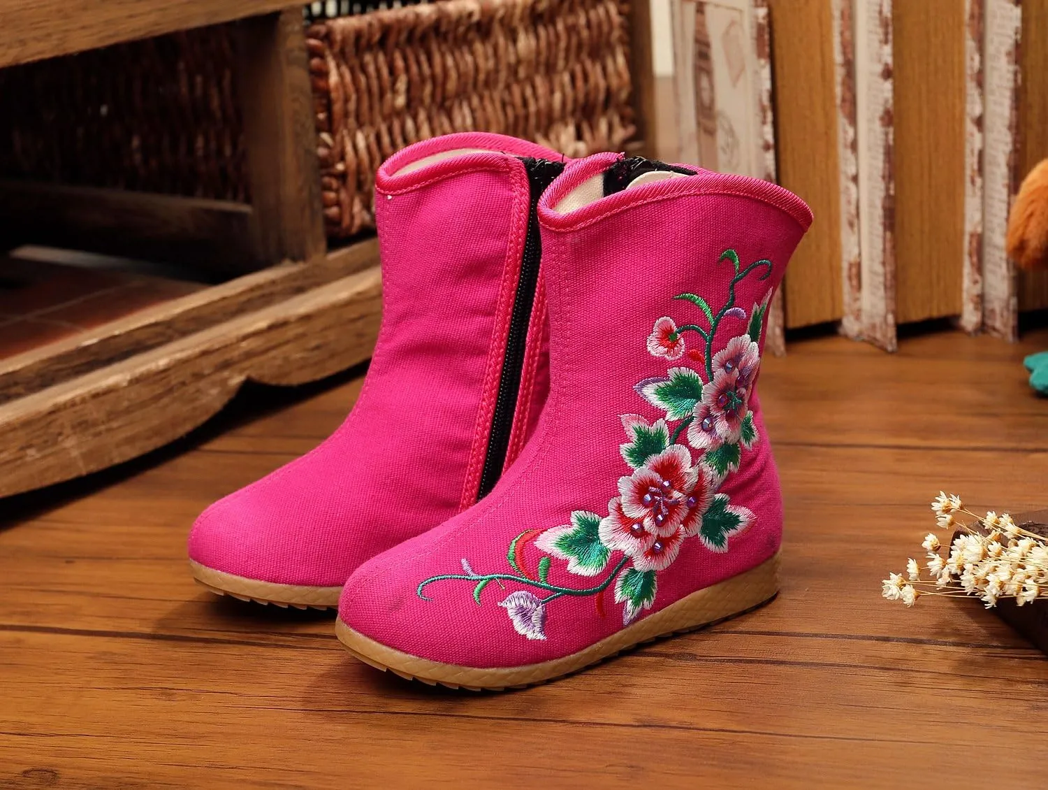 Qhome Little Girl Peony Embroidery Sports Fashion Autumn Winter Ankle Boots Canvas Shoes