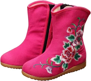 Qhome Little Girl Peony Embroidery Sports Fashion Autumn Winter Ankle Boots Canvas Shoes