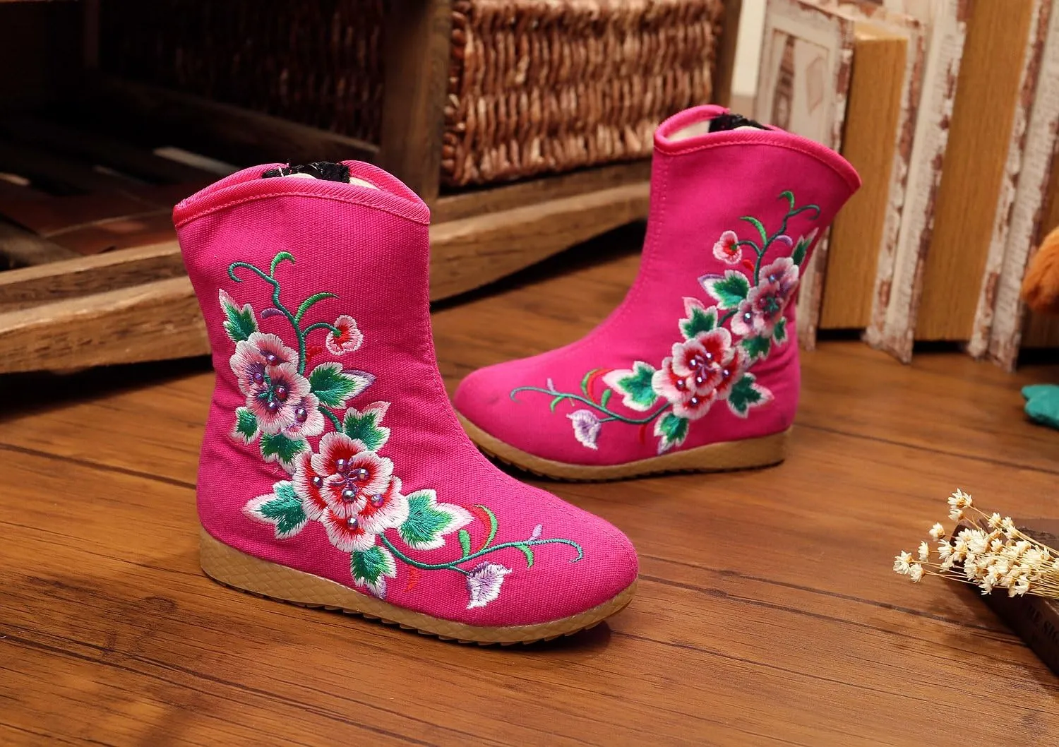 Qhome Little Girl Peony Embroidery Sports Fashion Autumn Winter Ankle Boots Canvas Shoes