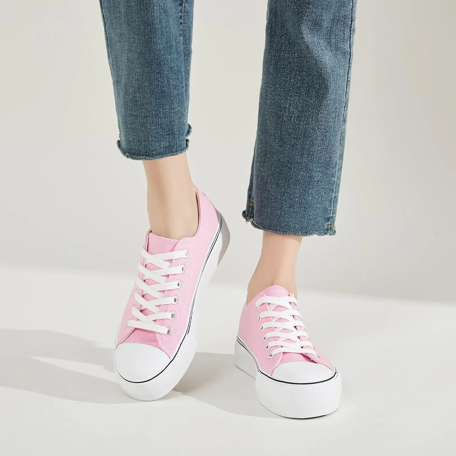 SERNIAL Womens White Platform Sneakers Low Top Platform Shoes Black Canvas Shoes for Women