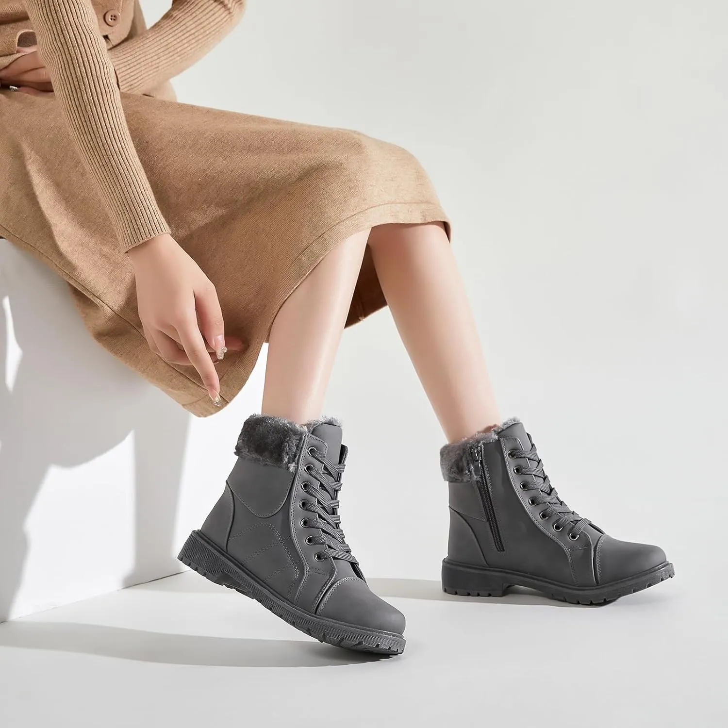 Shupua Winter Ankle Boots for Women Hiking Boots Waterproof Combat Boots Warm Lace Up Boots Snow Bootie Low Heel