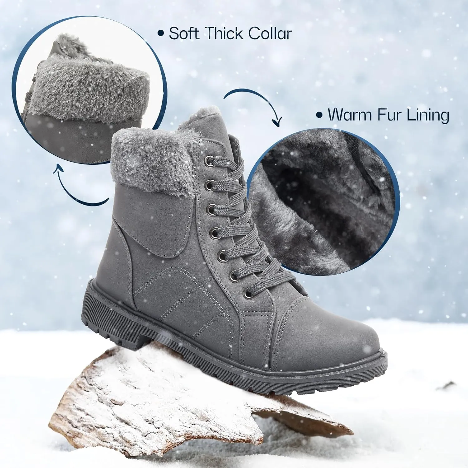 Shupua Winter Ankle Boots for Women Hiking Boots Waterproof Combat Boots Warm Lace Up Boots Snow Bootie Low Heel