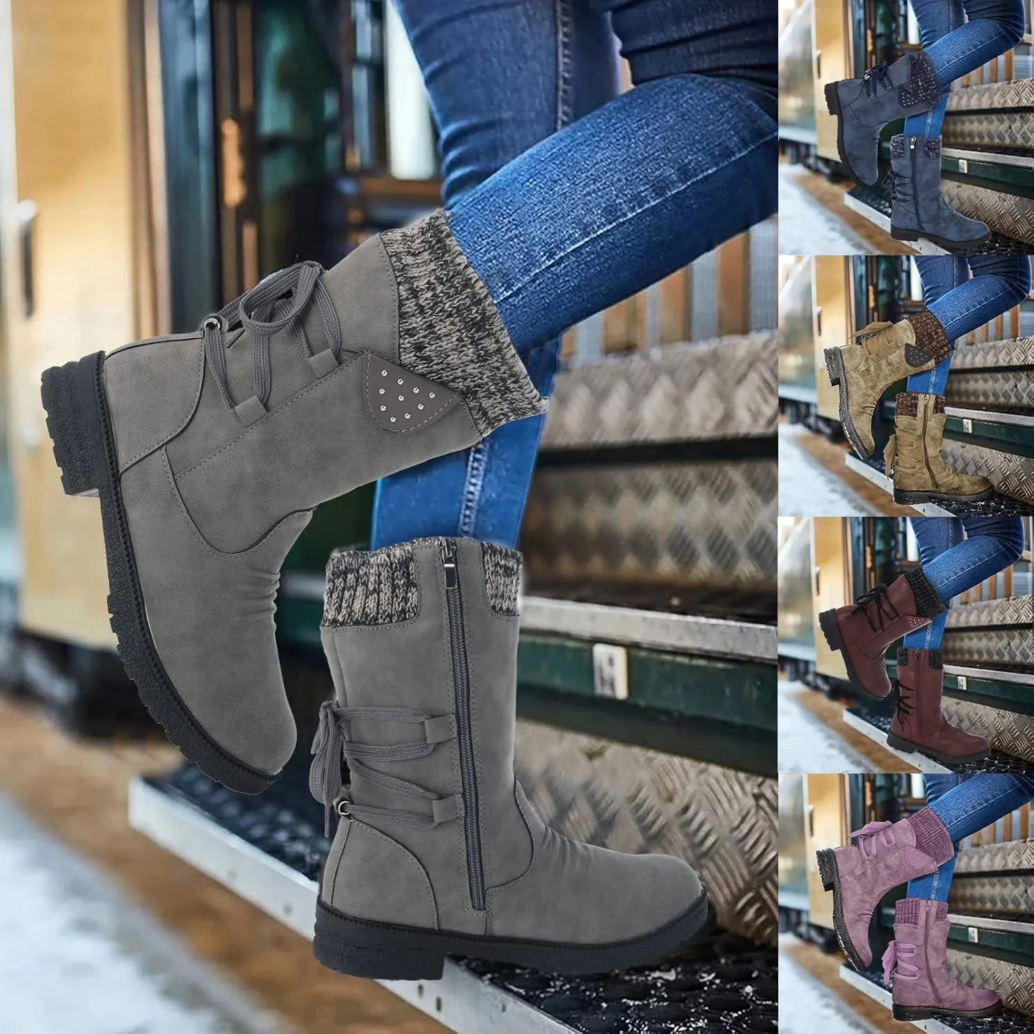 Snow Boots for Women Mid Calf Boots Women Vintage Casual Winter Working shoes Non-slip Lightweight Side Zipper Boots