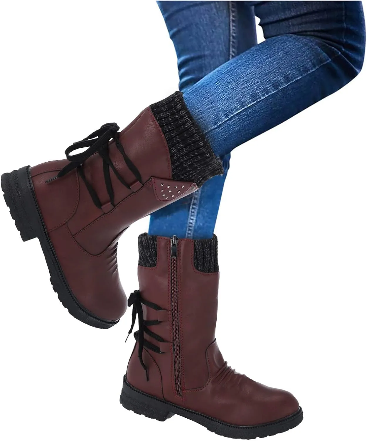 Snow Boots for Women Mid Calf Boots Women Vintage Casual Winter Working shoes Non-slip Lightweight Side Zipper Boots