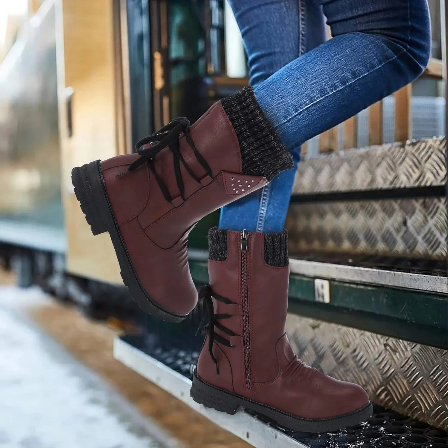 Snow Boots for Women Mid Calf Boots Women Vintage Casual Winter Working shoes Non-slip Lightweight Side Zipper Boots