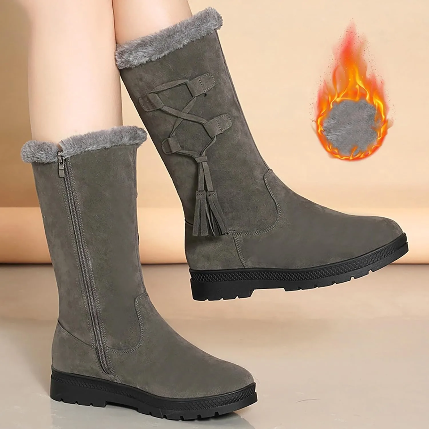 Snow Boots Women Winter Mid Calf Boots for Women Classic Round Toe Thick Bottom Platform Boots Warm Fleece Lined Outdoor Shoes Comfortable Pull On Cold-Weather Boots Work Boot with Fringe