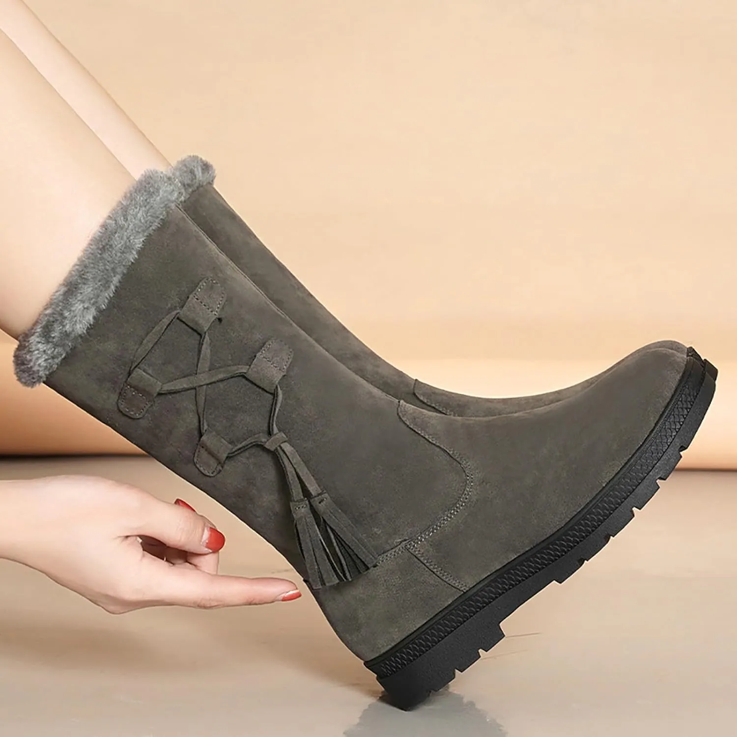 Snow Boots Women Winter Mid Calf Boots for Women Classic Round Toe Thick Bottom Platform Boots Warm Fleece Lined Outdoor Shoes Comfortable Pull On Cold-Weather Boots Work Boot with Fringe