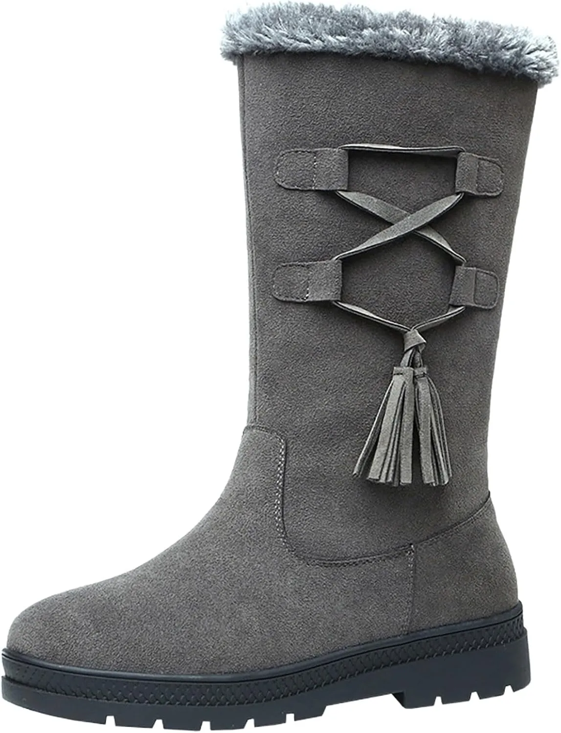 Snow Boots Women Winter Mid Calf Boots for Women Classic Round Toe Thick Bottom Platform Boots Warm Fleece Lined Outdoor Shoes Comfortable Pull On Cold-Weather Boots Work Boot with Fringe