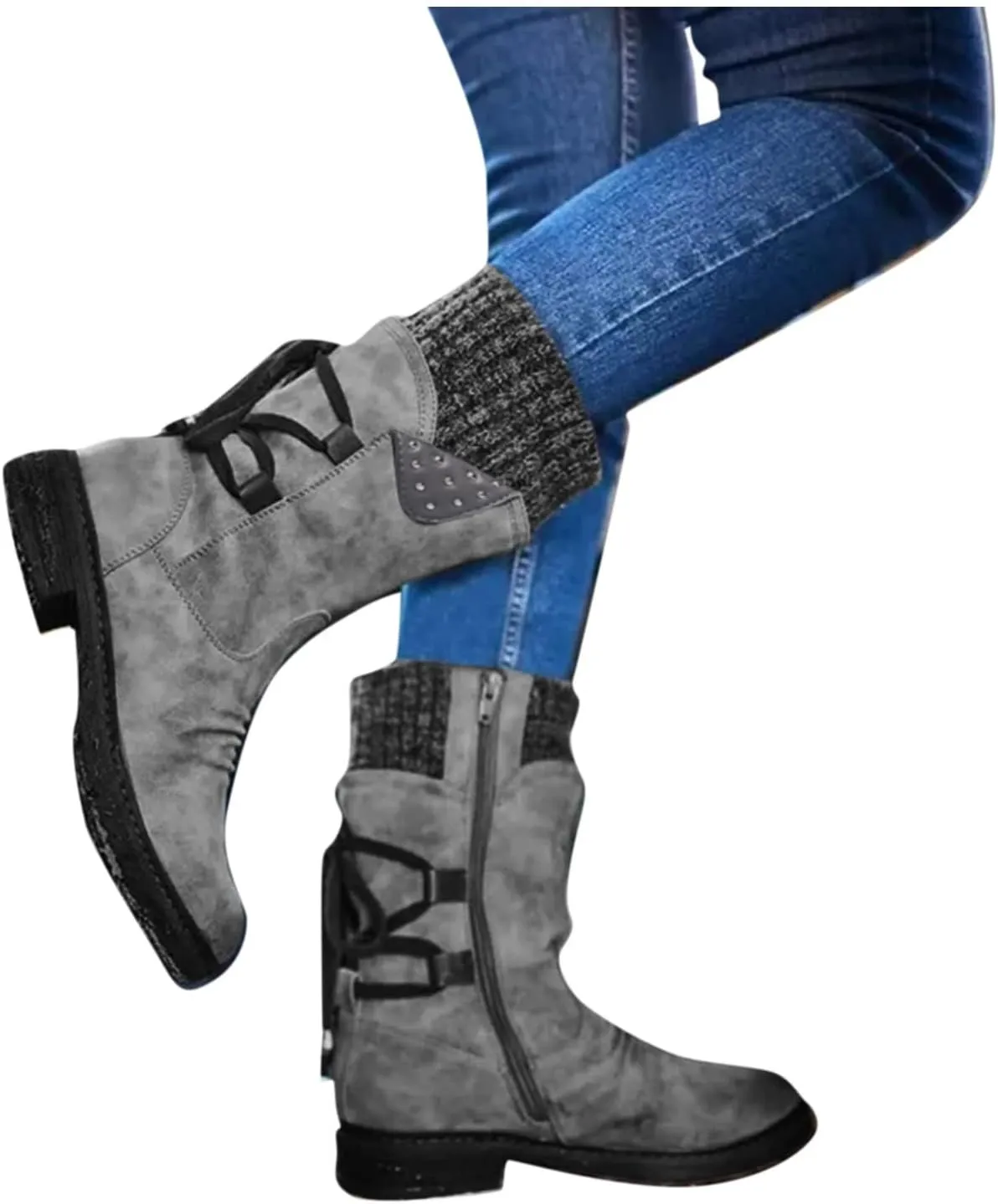 SnowBoots for Women Warm Stretch Knit Winter Shoes Lace Up Mid Calf Boots Slouchy Suede Boots Non Slip Hiking Boots