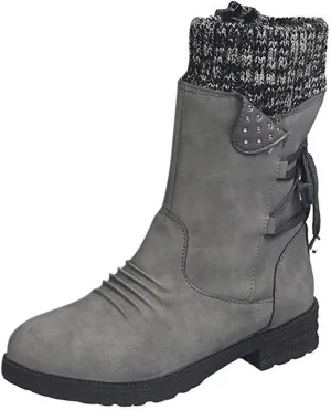 SnowBoots for Women Warm Stretch Knit Winter Shoes Lace Up Mid Calf Boots Slouchy Suede Boots Non Slip Hiking Boots