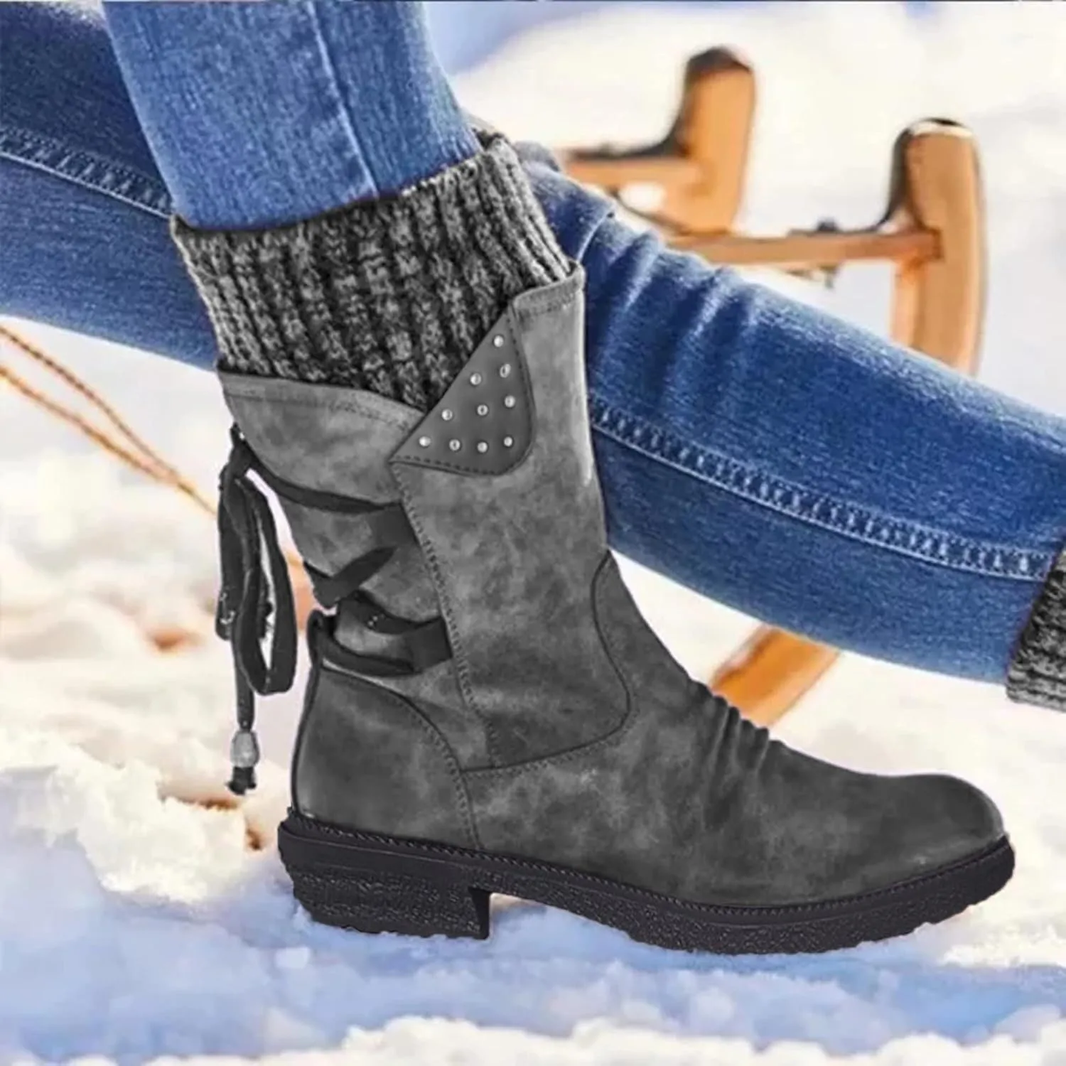 SnowBoots for Women Warm Stretch Knit Winter Shoes Lace Up Mid Calf Boots Slouchy Suede Boots Non Slip Hiking Boots