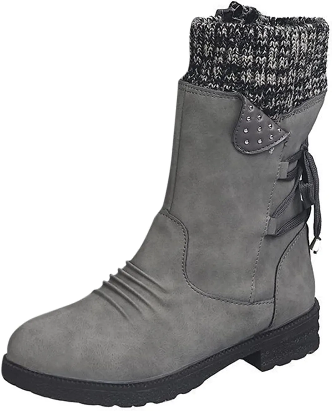 SnowBoots for Women Warm Stretch Knit Winter Shoes Lace Up Mid Calf Boots Slouchy Suede Boots Non Slip Hiking Boots
