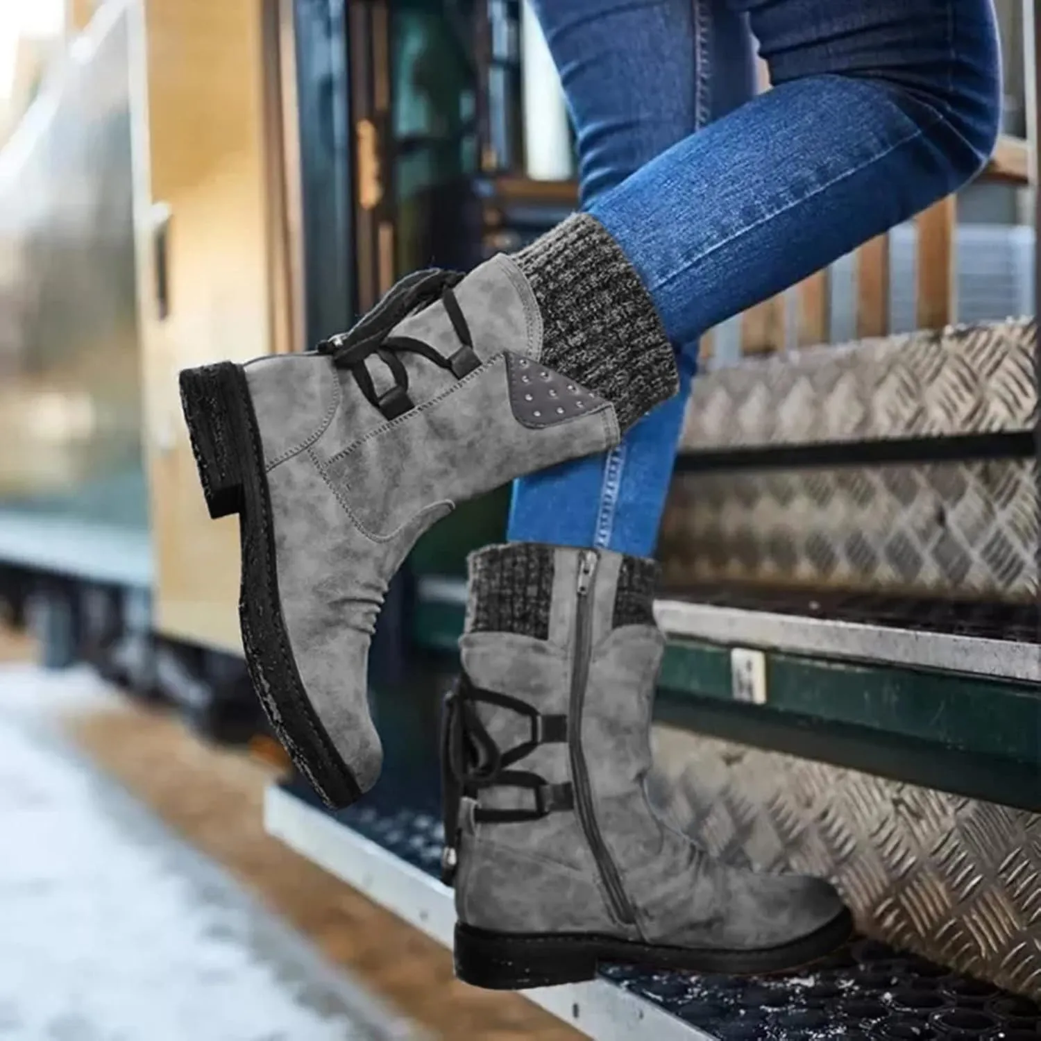 SnowBoots for Women Warm Stretch Knit Winter Shoes Lace Up Mid Calf Boots Slouchy Suede Boots Non Slip Hiking Boots
