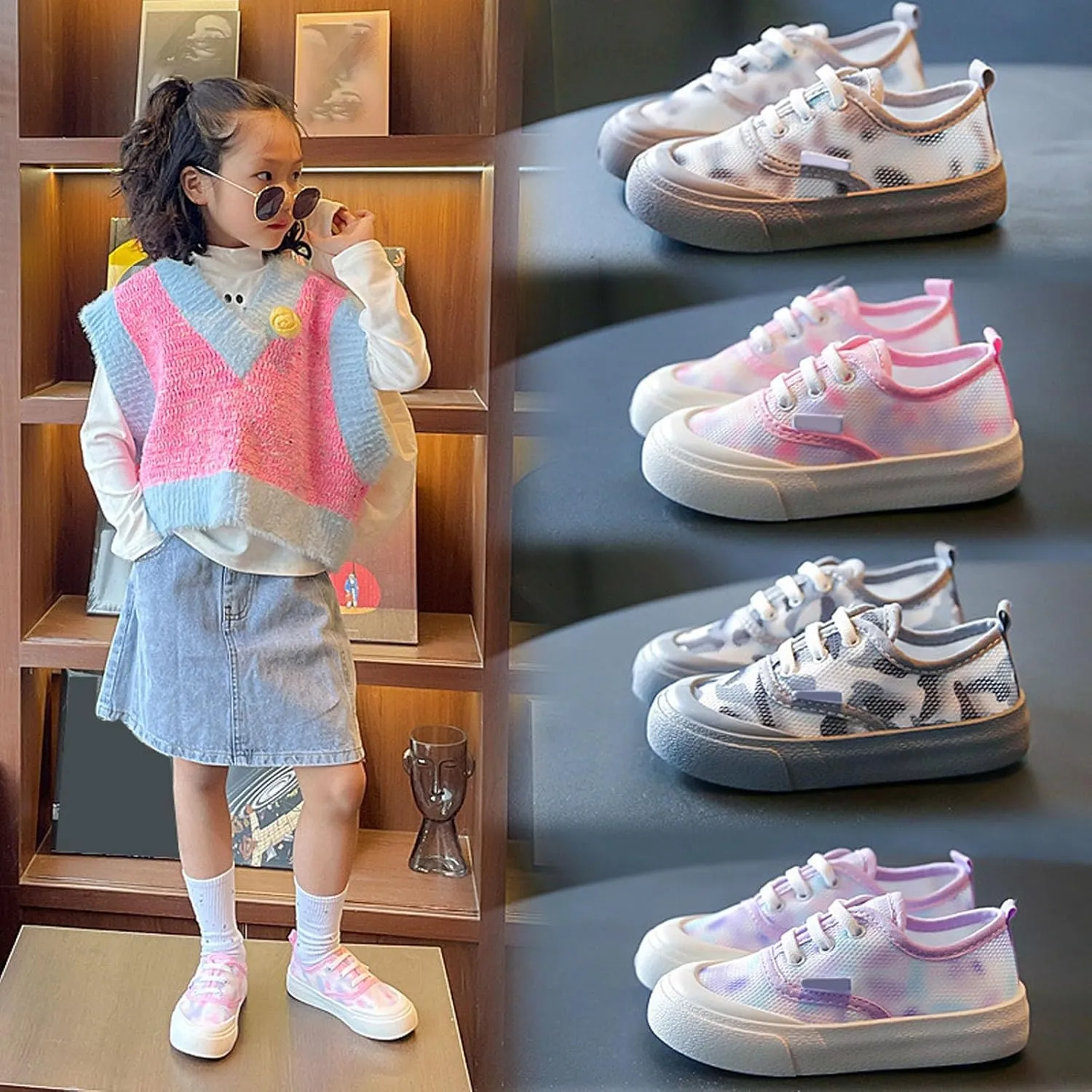 Toddler Little Kid Mesh Sneaker Girls Low top Slip on Hook and Loop Casual Walking Running Shoes Fashion Sneakers