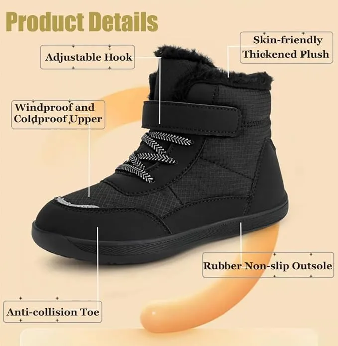 Toddler/Little Kids/Big Kids Waterproof High Top Winter Snow Boots,Girls Boys Wide Toe Box Barefoot Boots Shoes,Kids Minimalist Barefoot Hiking Shoes,Zero Drop Sole