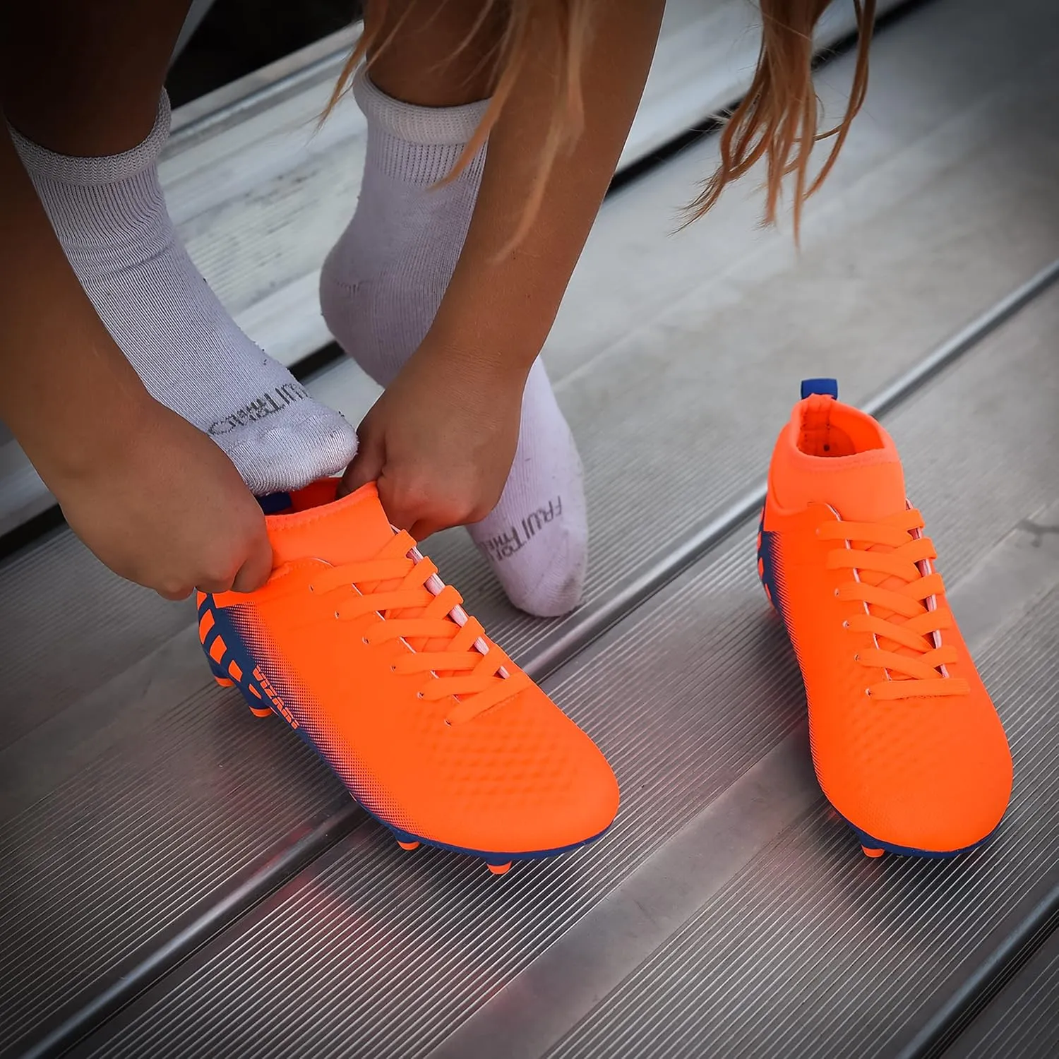 Vizari Santos Firm Ground Kids Soccer Cleats | Girls and Boys Soccer Cleats Embossed Synthetic Upper with Built-in Sock | Mid-Cut Football Shoes with Molded TPU Outsole for Maximum Traction