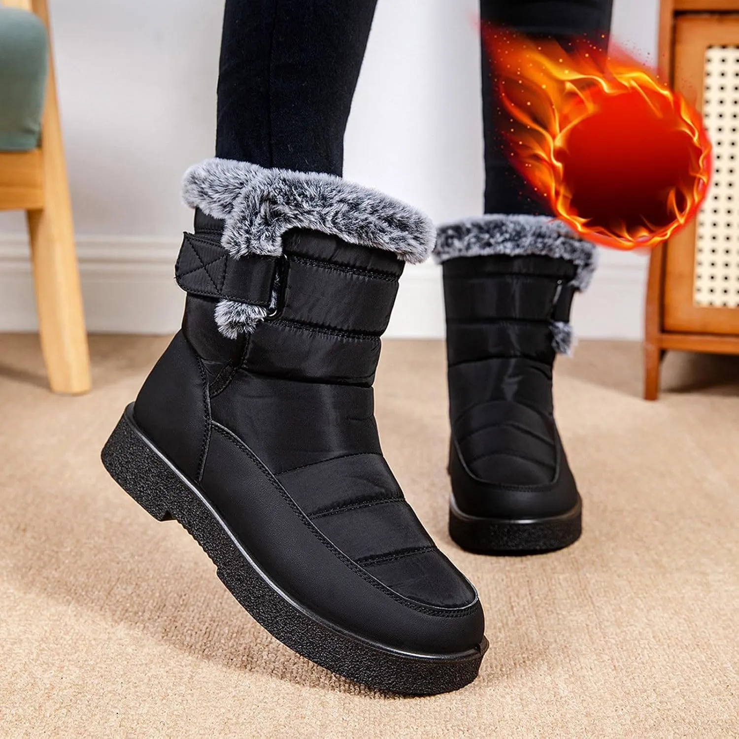 Winter Snow Boots for Women Mid Calf Warm Round Toe Hook and Loop Booties Western Womens Winter Boots Hiking Boots