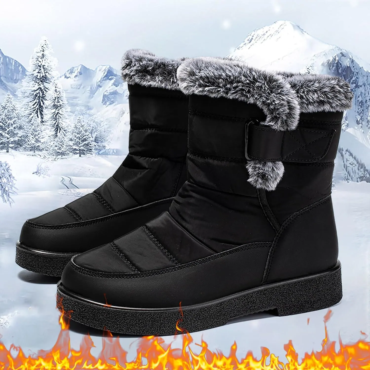 Winter Snow Boots for Women Mid Calf Warm Round Toe Hook and Loop Booties Western Womens Winter Boots Hiking Boots