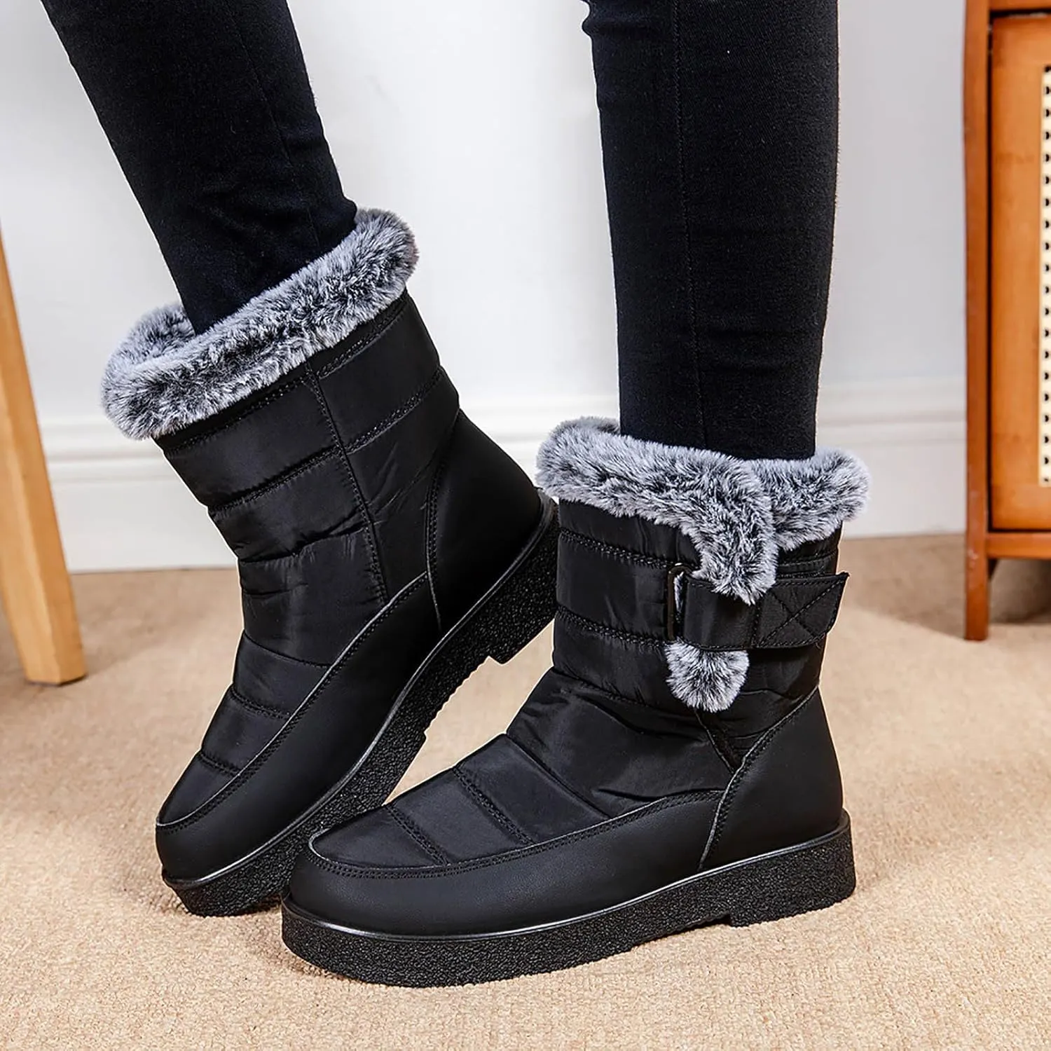 Winter Snow Boots for Women Mid Calf Warm Round Toe Hook and Loop Booties Western Womens Winter Boots Hiking Boots