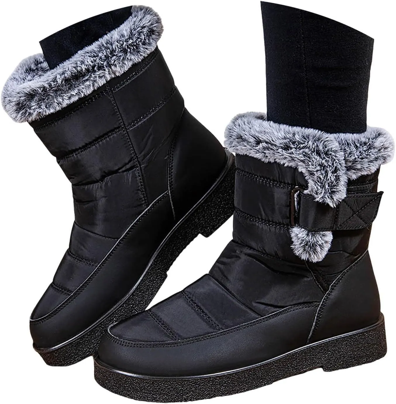 Winter Snow Boots for Women Mid Calf Warm Round Toe Hook and Loop Booties Western Womens Winter Boots Hiking Boots