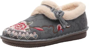 Winter Snow Boots for Women,Women's Slip On Loafers,Womens Vintage Ethnic Embroidered Ankle Boots Fashion Casual Boho Cotton Low Top Sneakers Warm Fur Lined Shoes for Work Nurse Travel
