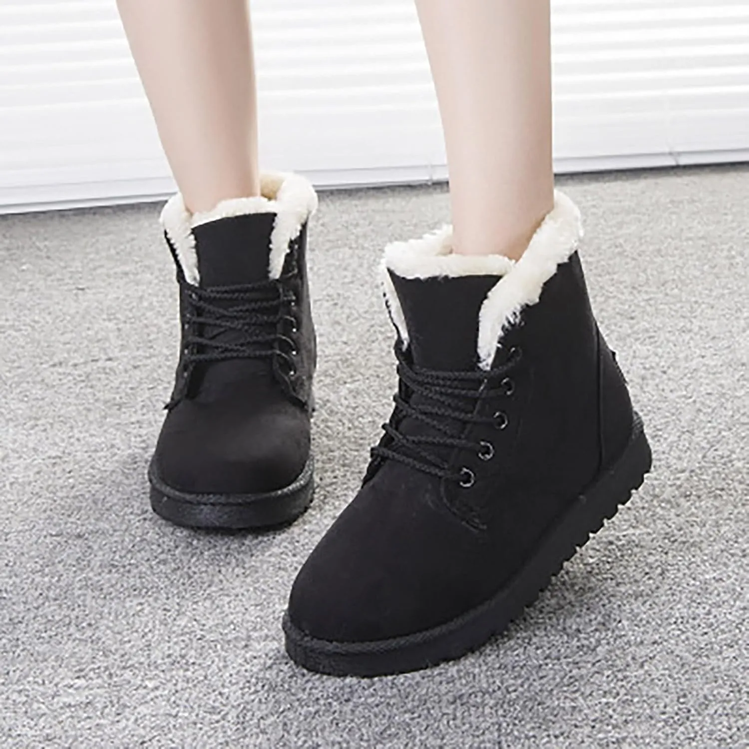 Women Snow Ankle Boots Plush Lined Mid Calf Boots For Women Soft Sole Flat Shoes Lace Up Hiking Boots Women