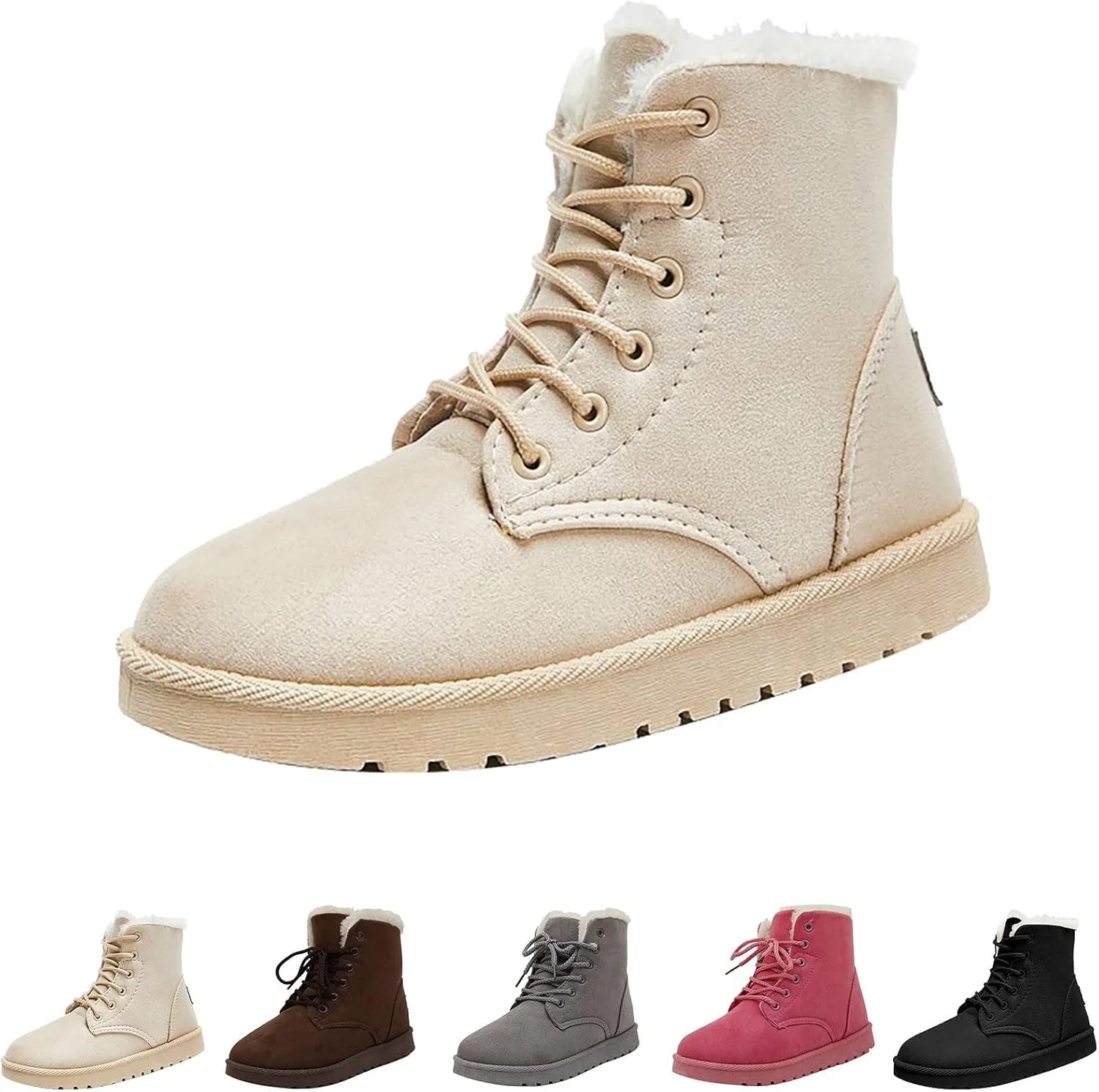 Women Snow Ankle Boots Plush Lined Mid Calf Boots For Women Soft Sole Flat Shoes Lace Up Hiking Boots Women